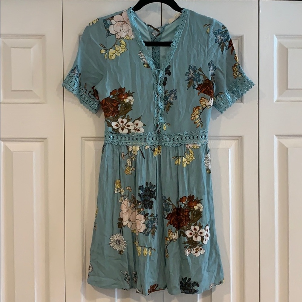 Blue/green dress with flowers size small.